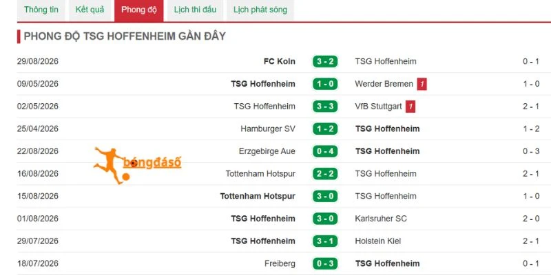 Chuỗi kết quả gần nhất của Hoffenheim