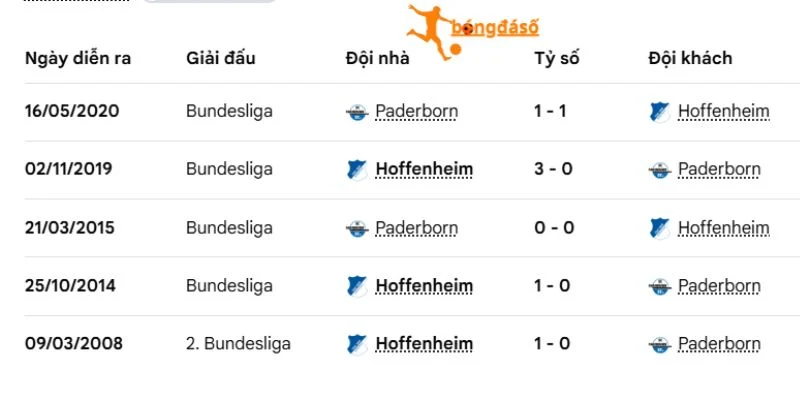 Lịch sử so tài giữa Paderborn vs Hoffenheim
